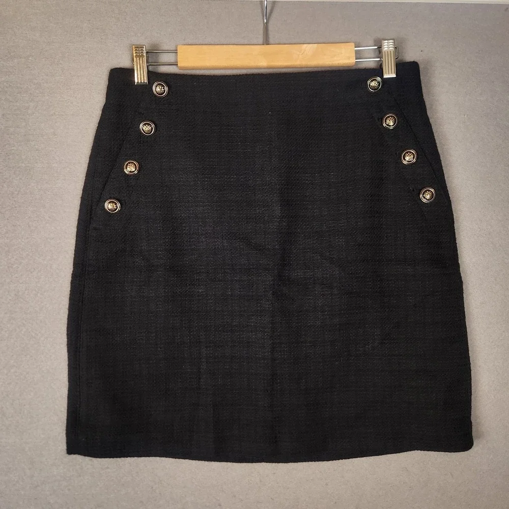 Ann Taylor Loft Tweed Skirt Women's 8T Black Gold Buttons Mini‎ NWT Preppy